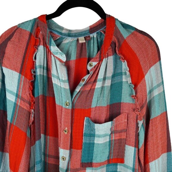 Pilcro Plaid Button-Up Blouse With Ruffle Detail‎ & Pocket - Size M - Picture 4 of 13